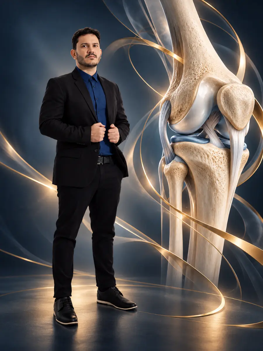 Composição institucional do Dr. Marconde de Oliveira e Silva ao lado de ilustração anatômica do joelho.